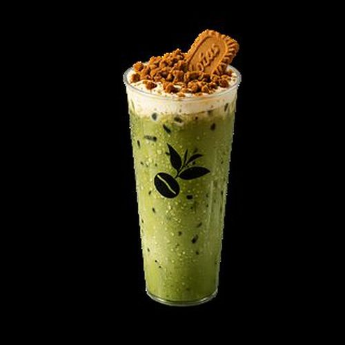 Biscoff Matcha Latte — caramelised Biscoff under oat milk and matcha