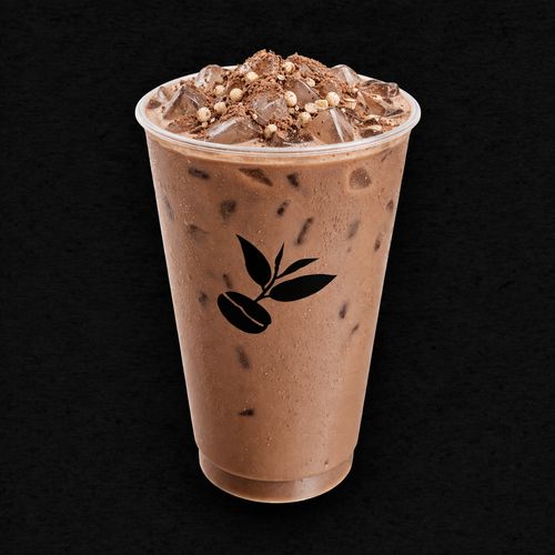 Iced Malt Chocolate topped with crushed malt, in a Charming Cafe cup