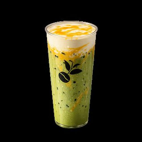 Mango Matcha Latte — mango purée under oat milk and Uji matcha