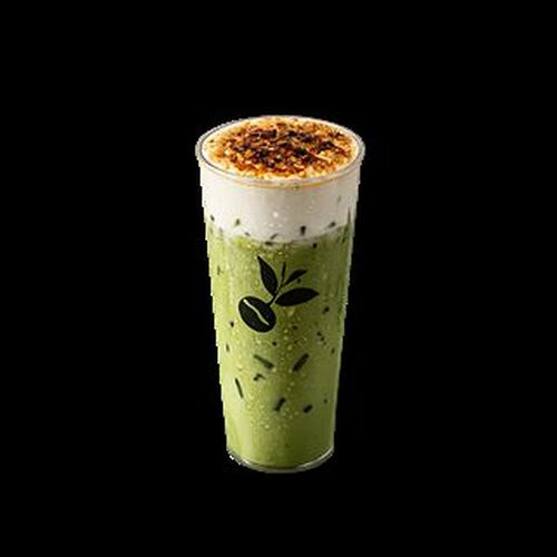 Matcha Cheese Foam Caramel Latte with a torched sugar top