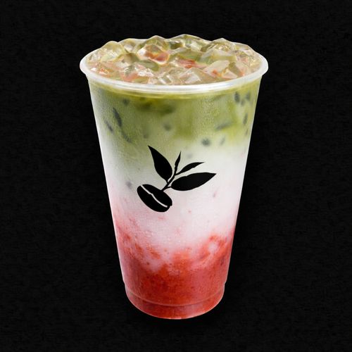 Iced Strawberry Matcha Latte — layers of strawberry, fresh milk and Uji matcha